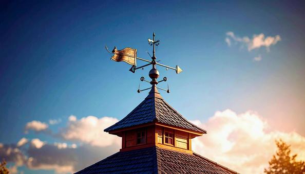 青空と風見鶏が立つ屋根の写真