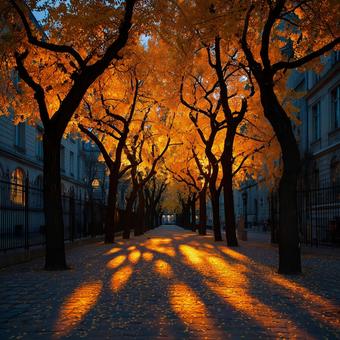 黄金色に染まるイチョウと地面に伸びる影 黄金色に染まるイチョウと地面に伸びる影の写真