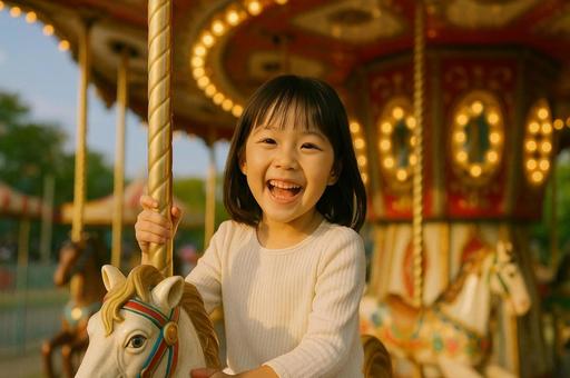 遊園地のメリーゴーランドで笑う少女 遊園地のメリーゴーランドで笑う少女の写真
