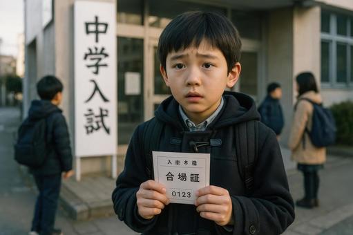試験会場で緊張した面持ちの子ども 試験会場で緊張した面持ちの子どもの写真