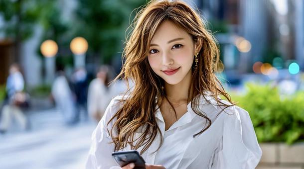 スマホを持つ白いシャツ姿の日本人美女 スマホを持つ白いシャツ姿の日本人美女の写真