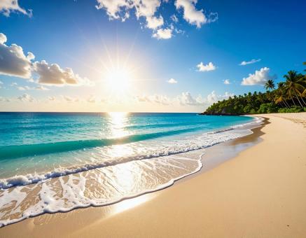 青空の太陽が眩しい海の写真素材 青空の太陽が眩しい海の写真素材の写真