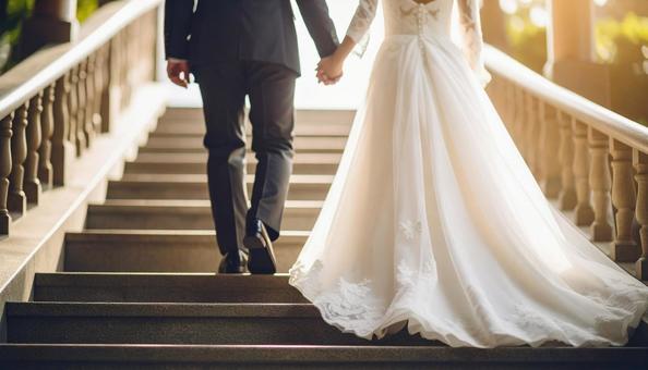 手をつないで階段を上っていく新郎新婦 手をつないで階段を上っていく新郎新婦の写真