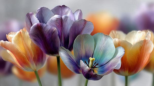 多彩な色が咲き誇るチューリップの群れの写真