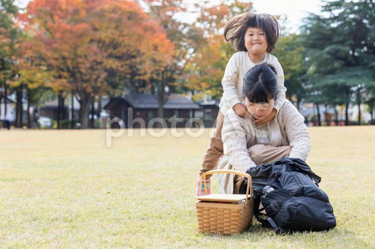 秋の公園で遊ぶママと子供 ピクニック,子供,親子の写真素材