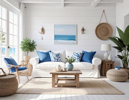 マリンブルーが映えるナチュラルなリビング マリンブルーが映えるナチュラルなリビングの写真