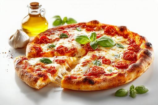 Appetizing pizza with vibrant basil and tomatoes, pizza, margherita, naples pizza, JPG