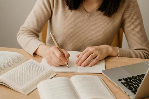 ノートに書き込みながら勉強する女性の手元 ノートに書き込みながら勉強する女性の手元の写真