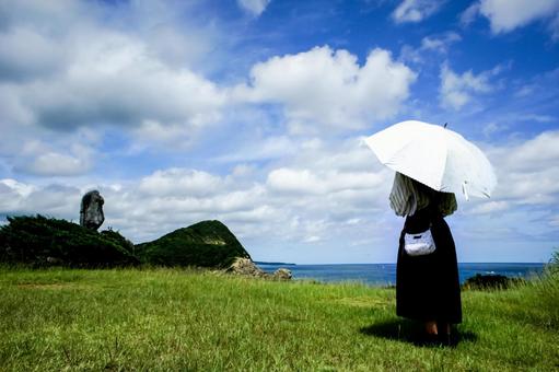 <素材>夏に海辺の公園を散歩する女性 <素材>夏に海辺の公園を散歩する女性 女性,人物,風景の写真素材
