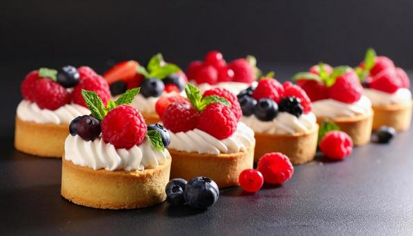 ベリーケーキが並ぶ甘く爽やかな構図の写真