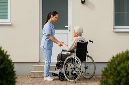 車椅子の高齢者と向き合う若い女性介護士 車椅子の高齢者と向き合う若い女性介護士の写真