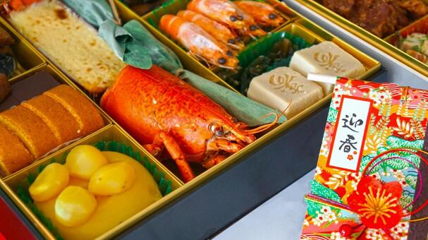 おせち料理の重箱と正月の豪華な盛り合わせ おせち,おせち料理,正月の写真素材