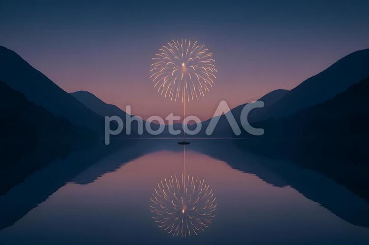 湖面に映る夕暮れ花火 花火,湖面,水面反射の写真素材