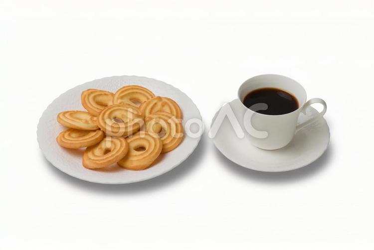 コーヒーと複数枚重ねたビスケット おやつ,食べ物,コピースペースの写真素材