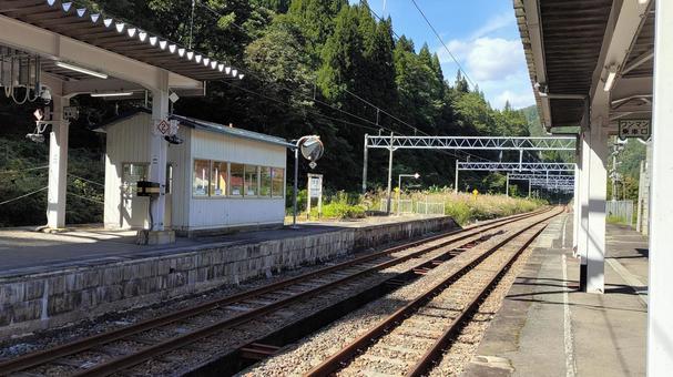 奥羽本線 及位駅(のぞき駅)ホーム 奥羽本線 及位駅(のぞき駅)ホーム 駅舎,レトロ,線路の写真素材