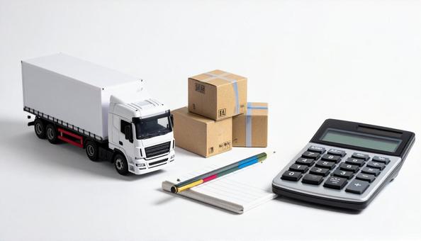 トラックのおもちゃと電卓の写真