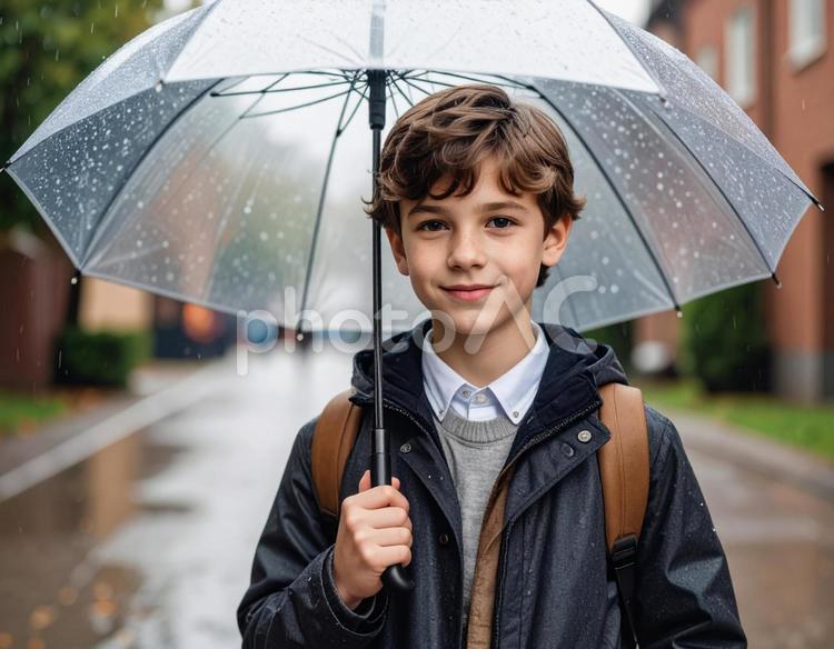 白人の少年が傘を差す ai生成,傘,雨の写真素材
