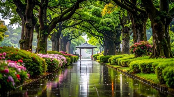 雨上がりの和テイストな緑地公園の風景03 雨上がりの和テイストな緑地公園の風景03の写真