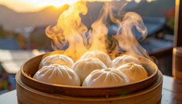 ほんわか湯気の立つ美味しそうな豚まん ほんわか湯気の立つ美味しそうな豚まんの写真