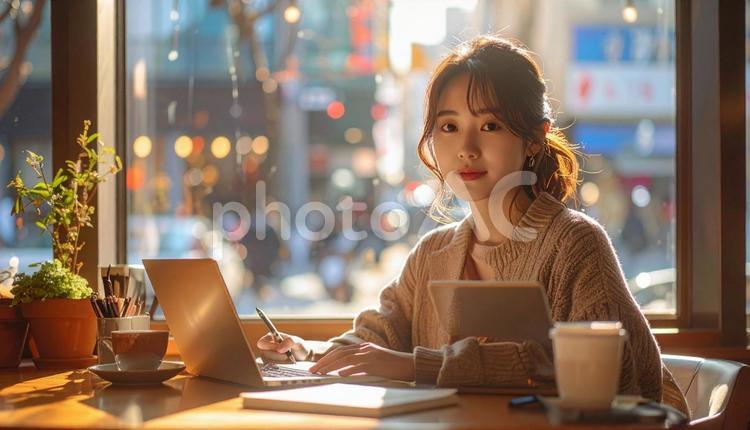 カフェで仕事をするフリーランス女性 女性,コワーキングスペース,コワーキングの写真素材