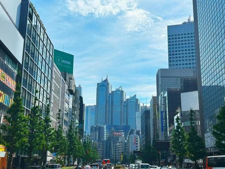 靖国通りから見えるパークハイアット東京 新宿,パークハイアット東京,靖国通りの写真素材