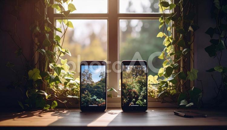 連絡交換のイメージ　机の上の携帯電話二台 連絡,交換,アドレスの写真素材