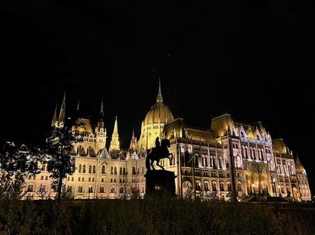 ハンガリー　ブダペスト　夜の国会議事堂の写真