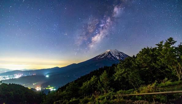 峠から見る山と夜空の天の川 峠から見る山と夜空の天の川の写真