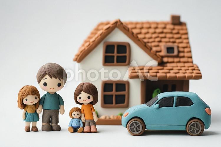 家と車のある家庭のイメージ　クレイアート 家族,家,人物の写真素材