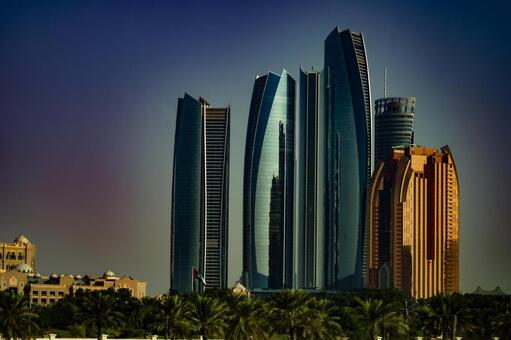 アブダビ高層ビル群 高層ビル,エティハドタワーズ,青空の写真素材