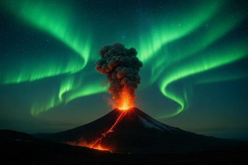 火山噴火とオーロラの共演、夜空の奇跡の写真