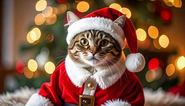サンタクロースの帽子をかぶった猫 サンタクロースの帽子をかぶった猫の写真