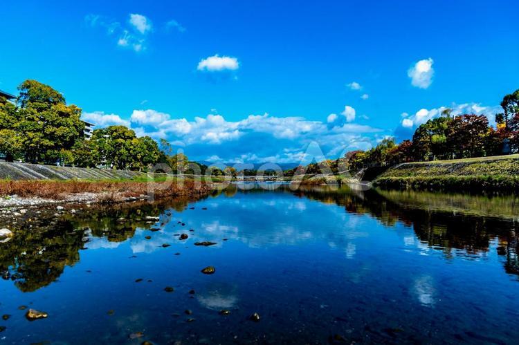 晴れた日の京都・鴨川　 風景,青空,日本の写真素材