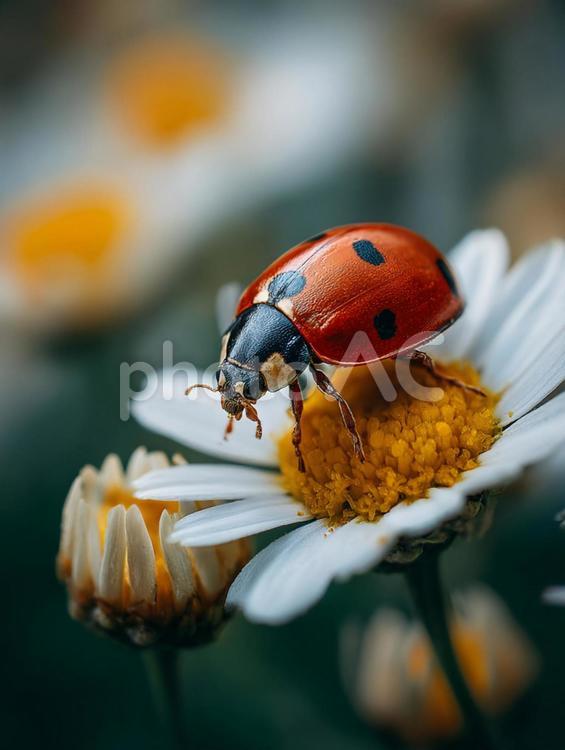 自然の彩り：白いデイジーとてんとう虫 テントウムシ,てんとう虫,昆虫の写真素材