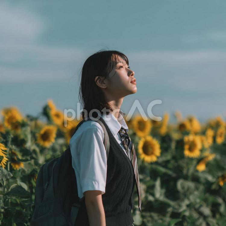 青空の下、未来を見つめる高校生とひまわり 女子高生,学生,制服の写真素材