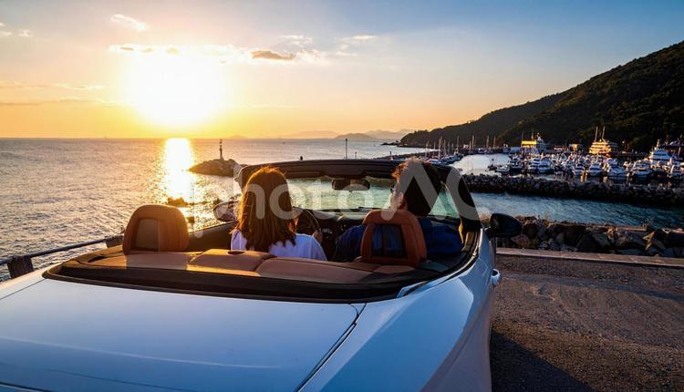 海が見える埠頭に止められたオープンカー オープンカー,海,道の写真素材
