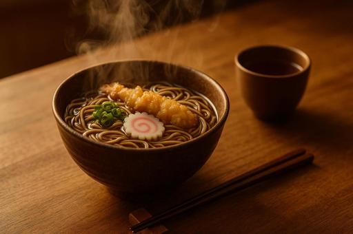 湯気の立つ天ぷら入りの年越しそばの写真