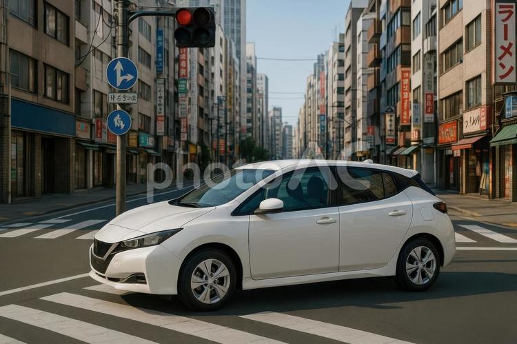 都市の交差点と電気自動車 電気自動車,ev,自動車の写真素材