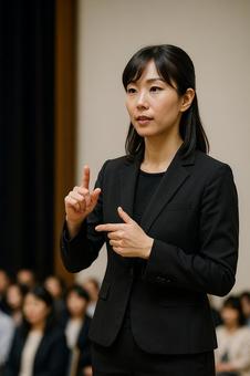 講演会でステージ横に立つ手話通訳士 講演会でステージ横に立つ手話通訳士の写真