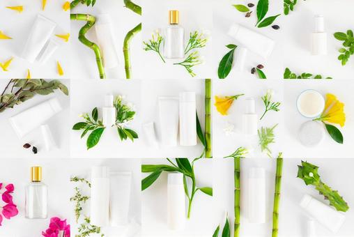 いろいろな白い化粧品のボトルのモックアップと植物 いろいろな白い化粧品のボトルのモックアップと植物 モックアップ,物撮り,化粧品の写真素材
