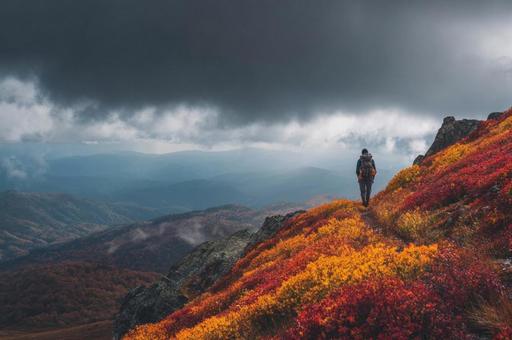 秋色の山を登るハイカー 秋色の山を登るハイカーの写真