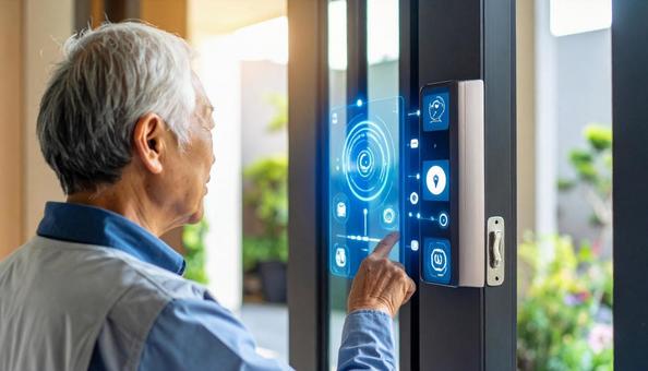 高齢者がホログラムで窓を施錠 高齢者がホログラムで窓を施錠の写真