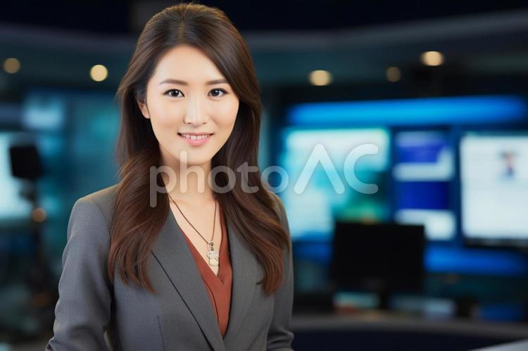 スタジオで活躍する女性ニュースキャスター ニュースキャスター,アナウンサー,女子アナの写真素材