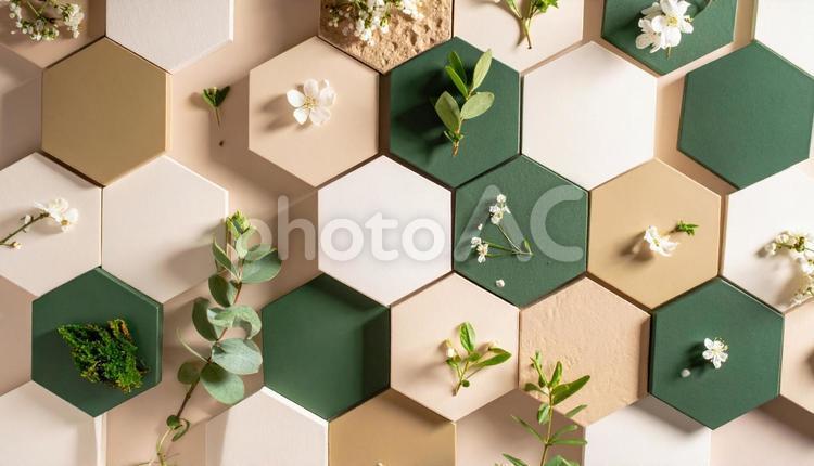 アースカラーのタイルと植物のハーモニー タイル,六角形,蜂の巣の写真素材