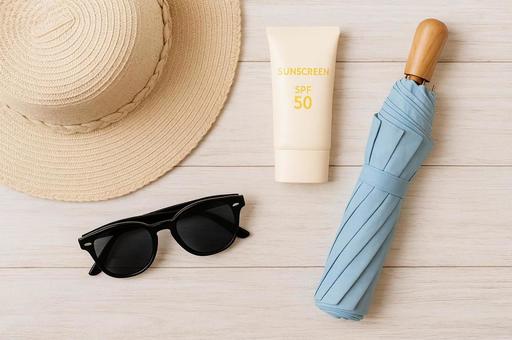 夏の必需品!UVケアグッズのフラットレイ 夏の必需品!UVケアグッズのフラットレイの写真