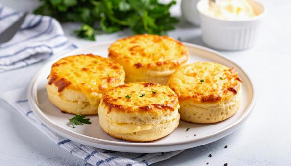 イングリッシュマフィンとチーズの朝食の写真