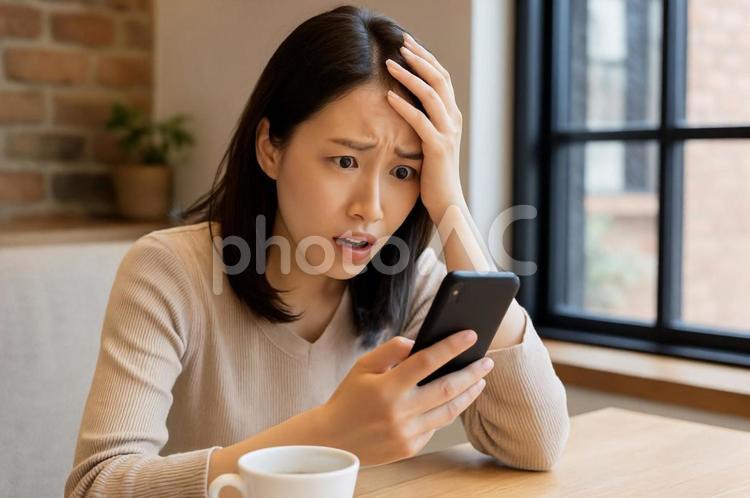 カフェでスマホを見てショック・驚く女性 驚き,ショック,女性の写真素材