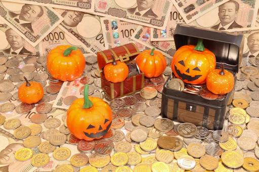 ハロウィンかぼちゃと宝箱とお金とお札 ハロウィンかぼちゃと宝箱とお金とお札 かぼちゃ,おばけかぼちゃ,ハロウィンの写真素材