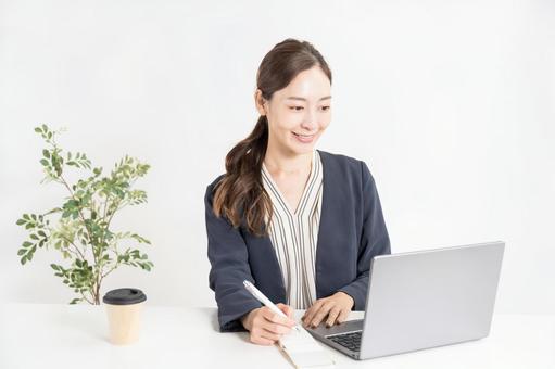 Remote work and smiling woman, business, female, computer, JPG