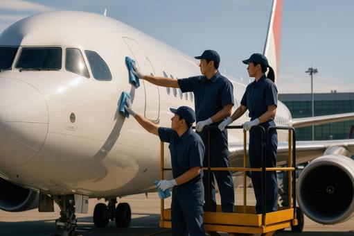 飛行機を清掃するスタッフ 飛行機を清掃するスタッフの写真
